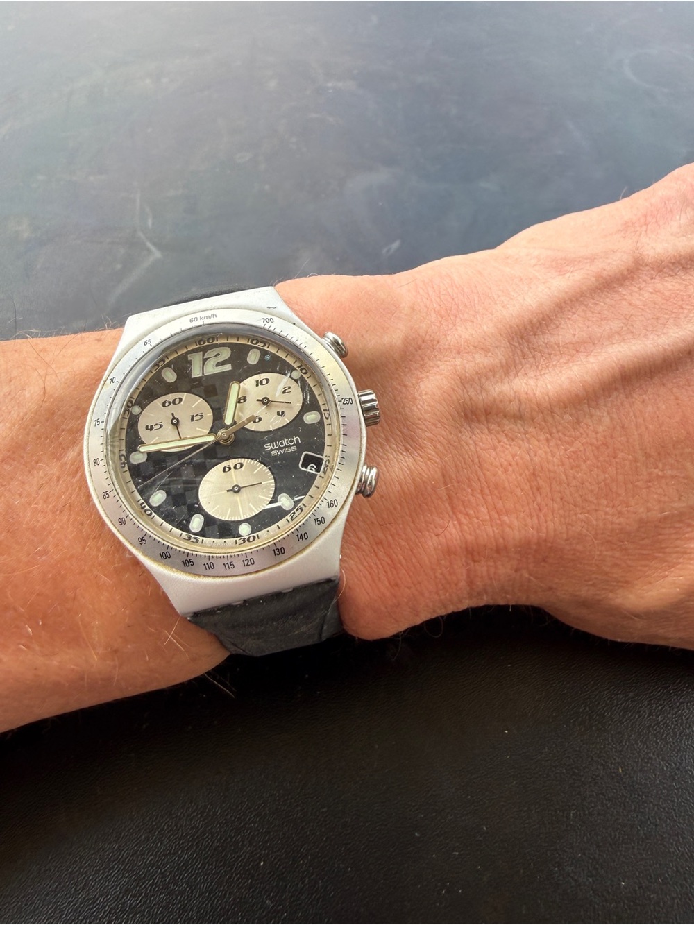 Vintage Swatch Irony Chronograph Aluminum Swiss Watch Black Dial